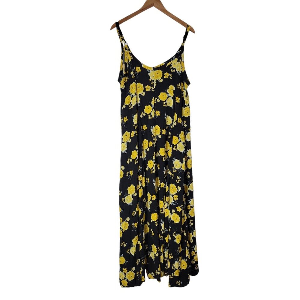 Floral Maxi Dress Womens Black‎ Yellow Sleeveless Spaghetti Strap Flowing Boho